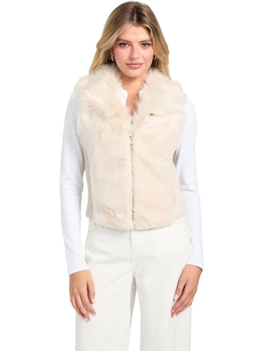 Guess Women's Lovers Beach Multi Sleeveless Amari Faux Fur Polyester Vest Jacket
